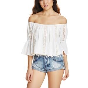 Tularosa White Off-Shoulder Crochet inlay Pom Hem Oversized Lined Eyelet Top M